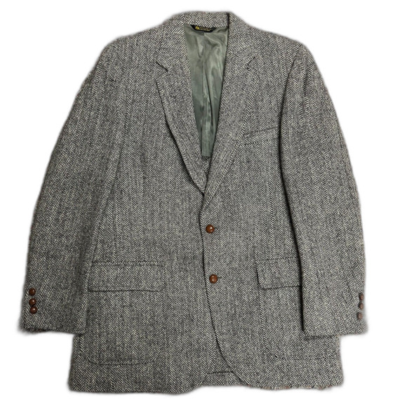 Vintage Marshall & Reed Harris Tweed Black Gray Herringbone Sport Coat Size 42 - Picture 1 of 15